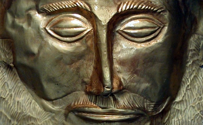 Known as the Mask of Agamemnon, this exquisite funerary mask is made of gold, c. 16th century BCE. It was found in 1876 by Heinrich Schliemann in Tomb V at Mycenae, Greece. Currently on display in the National Archaeological Museum, Athens, Greece.