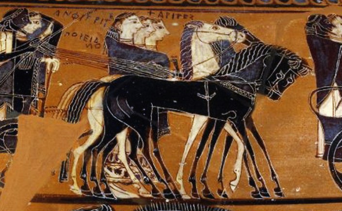 Detail from the ancient Greek Black-Figure "Sophilos Dinos" (wine-bowl), ca. 580-570 BCE depicting the arrival of guests to the wedding of Thetis and Peleus, the future parents of Achilles. The first chariot in the procession is carrying Zeus and Hera, and the second is carrying Poseidon and Amphitrite. Source: Wikimedia Commons