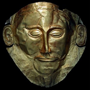 Known as the 'Mask of Agamemnon,' this exquisite funerary mask is made of gold, c. 16th century BCE. It was found in 1876 by Heinrich Schliemann in Tomb V at Mycenae, Greece. Currently on display in the National Archaeological Museum, Athens, Greece.