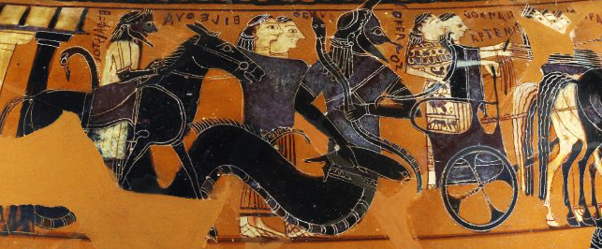 Detail of the ancient Greek Black-Figure "Sophilos Dinos" (wine-bowl), ca. 580-570 BCE depicting guests attending the wedding of Thetis and Peleus, future parents of Achilles. Athena and Artemis are seen riding in the chariot, followed by Thetis' grandfather, the fish-tailed sea-god Okeanos, his wife Tethys, and Eileithyia, goddess of childbirth. Hephaistos brings up the rear, seated side-saddle on a mule.