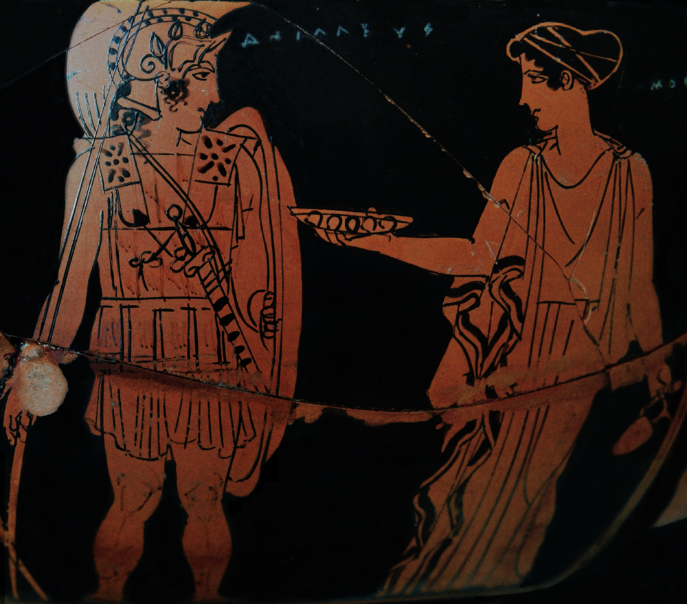 Attic Red-Figure Kantharos, c 450-400 BCE by the Eretria Painter depicting Achilles and the Nereid Kymothea.