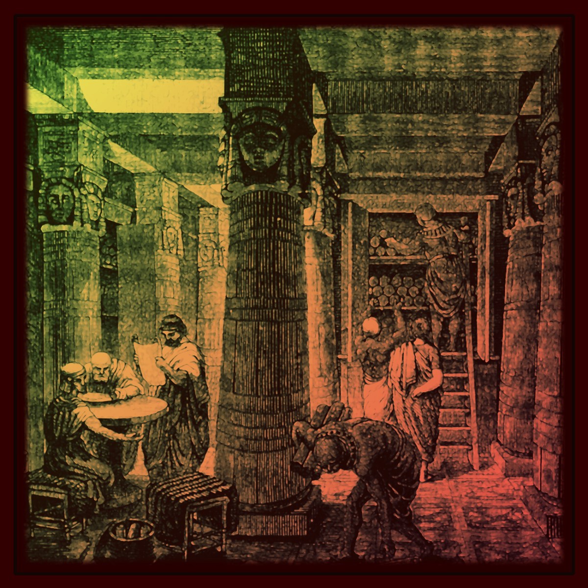 This is an original digitally enhanced and colorized renovation of a 19th century b&w engraving by O. Von Corven entitled, "The Great Library of Alexandria." Source: Wikimedia Commons