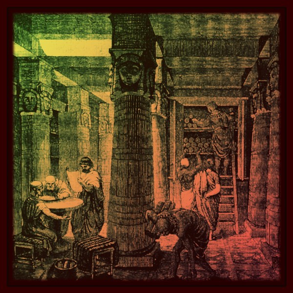 This is an original digitally enhanced and colorized renovation of a 19th century b&w engraving by O. Von Corven entitled, "The Great Library of Alexandria." Source: Wikimedia Commons