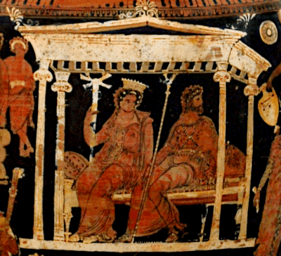 Detail View of an Apulian red-figure Volute Krater, ca. 320 BCE, attributed to the White Saccos Painter, depicting Hades and Persephone enthroned in the palace of the Underworld. Source: Wikimedia Commons