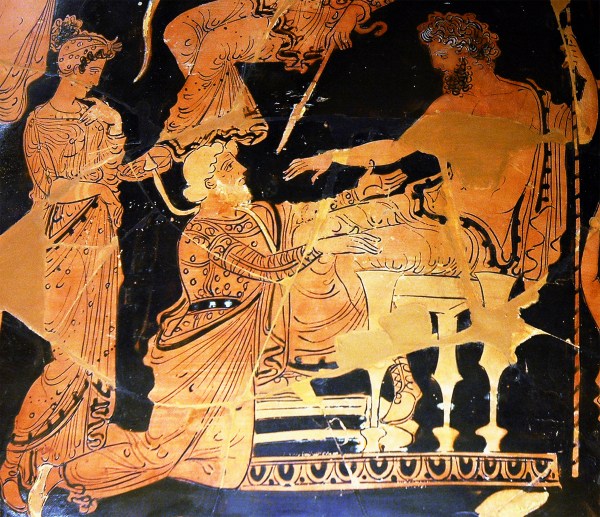 Chryses attempting to ransom his daughter Chryseis from Agamemnon. Side A of an Apulian red-figure volute-crater, ca. 360-350 BCE,by the Painter of Athens 1714. Found in Taranto, now in the Louvre.