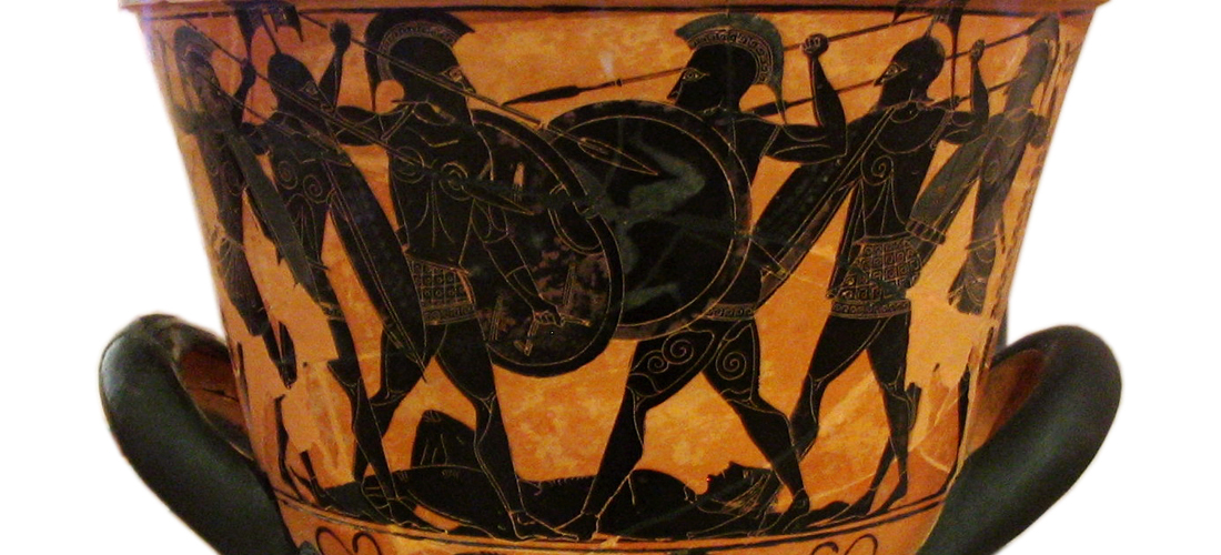 Detail of Attic Black-Figure Calyx Krater ca. 530 BCE depicting a battle over a corpse, probably that of Patroklos. Painted in the manner of Exekias. Found at Pharsalus, Phthia, Thessaly (ancestral homeland of Achilles). Source: Wikimedia Commons