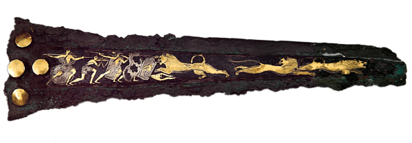 Late Bronze Age Mycenaean dagger, bronze with inlaid silver and gold depicting warriors hunting lions, ca. 16th century BCE. Source: Wikimedia Commons