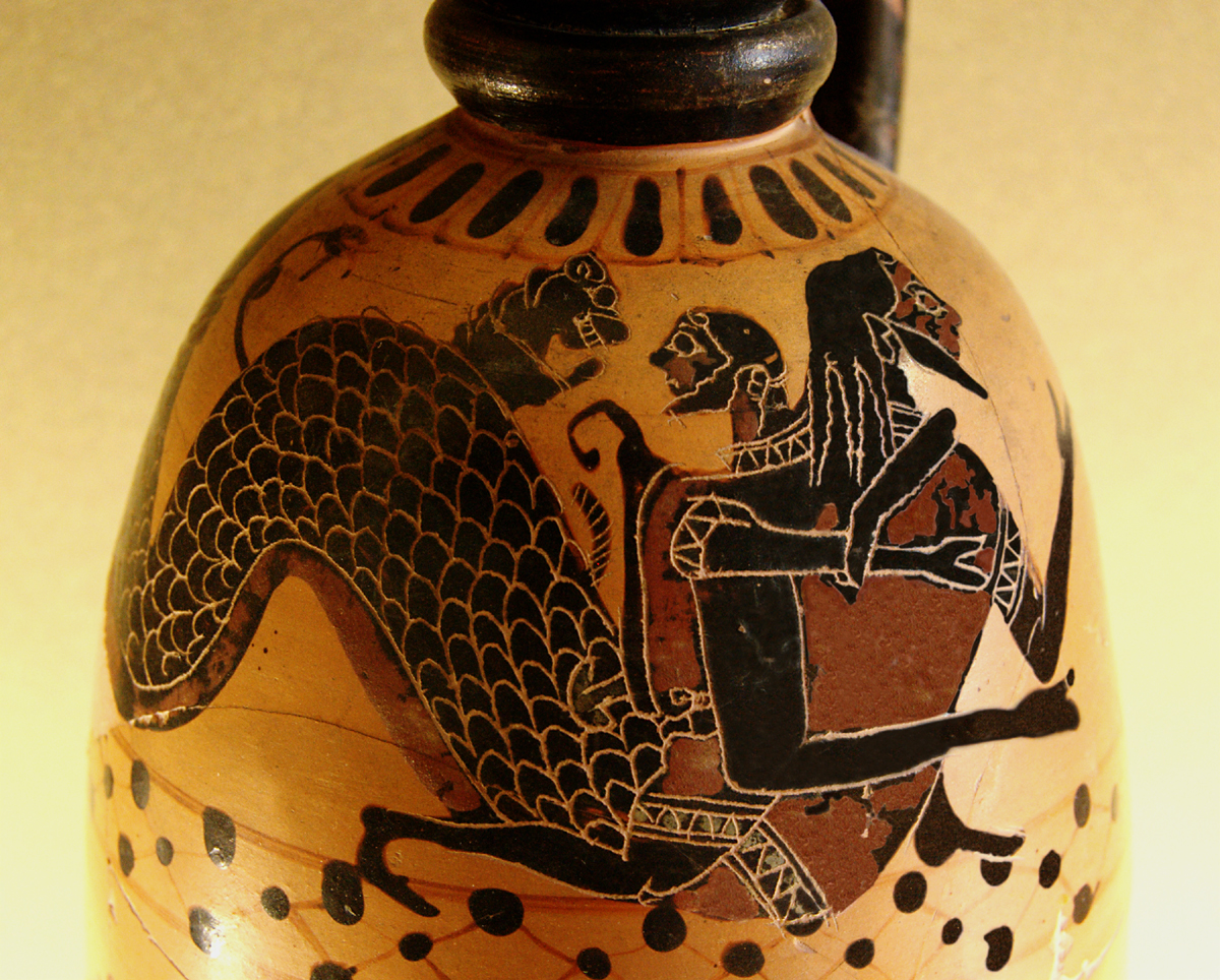 Nereus (The Old Man of the Sea), and Heracles depicted at the top of a black-figured lekythos, c 590-580 BCE by Istanbul Painter, now in the Louvre