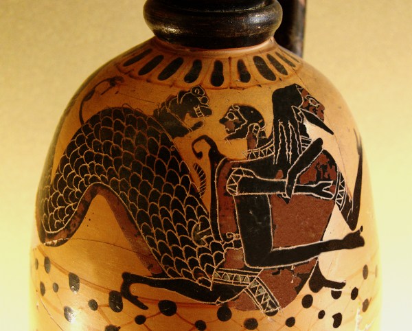 Nereus (The Old Man of the Sea), and Heracles depicted at the top of a black-figured lekythos, c 590-580 BCE... (please click image for more)