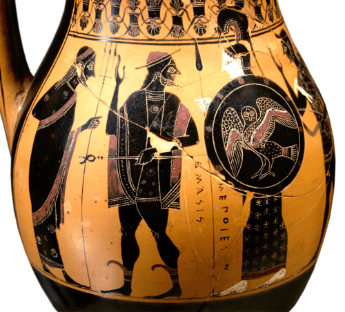Attic Black-Figure Olpe, ca. 540 BCE signed by the Amasis potter and attributed to Amasis painter. Depicting the entry of Herakles to Olympos, this view shows (from left to right) Poseidon, Hermes, Athena, and Herakles. Source: Wikimedia Commons