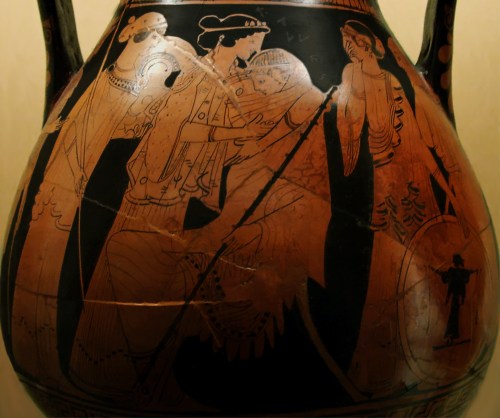 Ancient Greek red-figure Pelike ca. 470 BCE depicting Thetis consoling Achilles over the death of Patroklos. Source: Wikimedia Commons