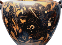 Attic Black-Figure Hydria depicting Aias carrying the body of Achilles out of battle. Source: Wikimedia Commons