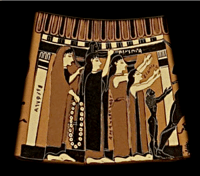 Detail from the Amphiaraos Krater ca. 570 BCE depicting women beside a columned porch waving goodbye to Amphiaraos. Source: Wikimedia Commons