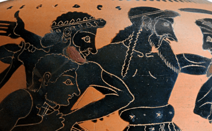 Detail view of an Attic Black-Figure Oinochoe, ca. 520 BCE Depicting Odysseus and Ajax quarreling over Achilles' armor. Source: Wikimedia Commons