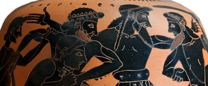 Detail view of an Attic Black-Figure Oinochoe, ca. 520 BCE Depicting Odysseus and Ajax quarreling over Achilles' armor. Source: Wikimedia Commons