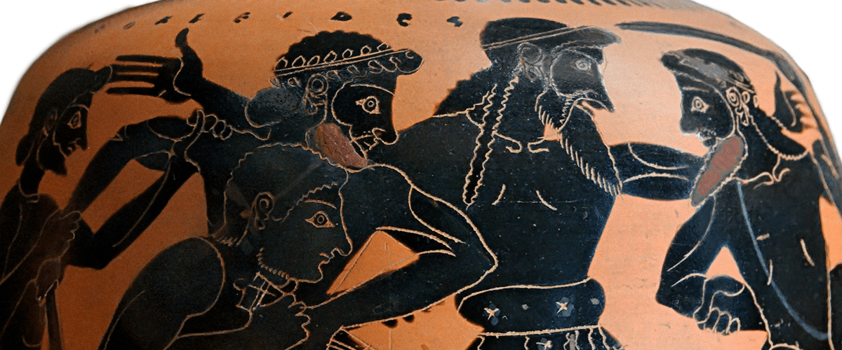 Detail view of an Attic Black-Figure Oinochoe, ca. 520 BCE Depicting Odysseus and Ajax quarreling over Achilles' armor. Source: Wikimedia Commons