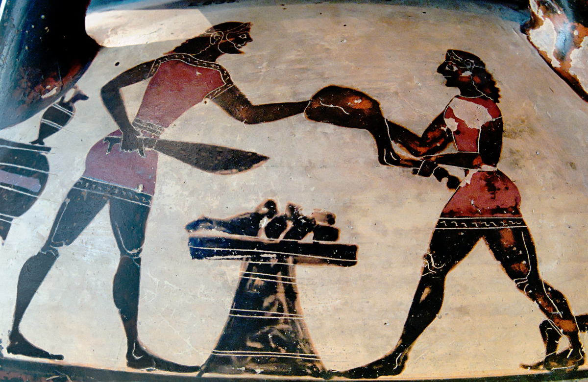Corinthian Column-Krater, ca. 600 BCE depicting men butchering a sheep. Source: Wikimedia Commons
