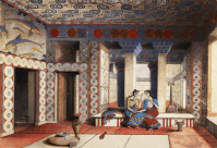 A  watercolor rendering of  drawing of the "Queen's Megaron" by Emile Gilliéron the younger, ca. 1922-1926, based on Sir Arthur Evans papers relating to his excavations at Knossos in Crete. Source: Wikimedia Commons