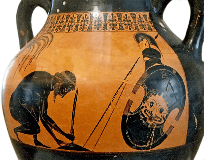 Attic Black-Figure Amphora ca. 530 BCE attributed to the painter Exekias, depicting the suicide of Telamonian Aias (Ajax). Source: Wikimedia Commons