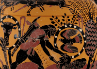 Chalkidian Black-Figure Neck Amphora ca. 540 BCE depicting Odysseus slaying Diomedes by the Inscription Painter (Chalcidian). Please note the tree in the background. Source: Wikimedia Commons