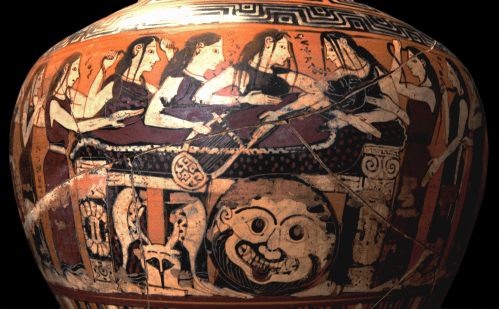 Corinthian Black-Figure Hydria ca. 560–550 BCE by the Damon Painter depicting Thetis and her Nereid sisters, as well as the Muses mourning Achilles' death. Source: Wikimedia Commons