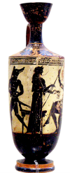  White-Ground Lekythos depicting Odysseus' men turned into pigs by Circe. Source: Wikimedia Commons