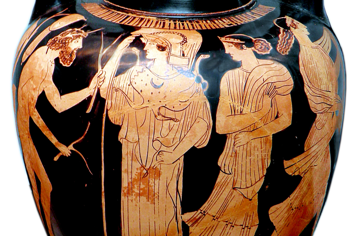 Attic red-figured amphora depicting Odysseus trying to hide his nakedness while seeking help from Princess Nausicaa of Skheria. Source: Wikimedia Commons