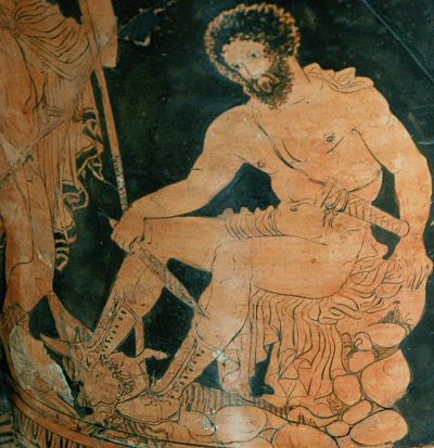 Lucanian Red-Figure Calyx-Krater, ca. 380 BCE depicting Odysseus consulting Tiresias in Hades. Source: Wikimedia Commons