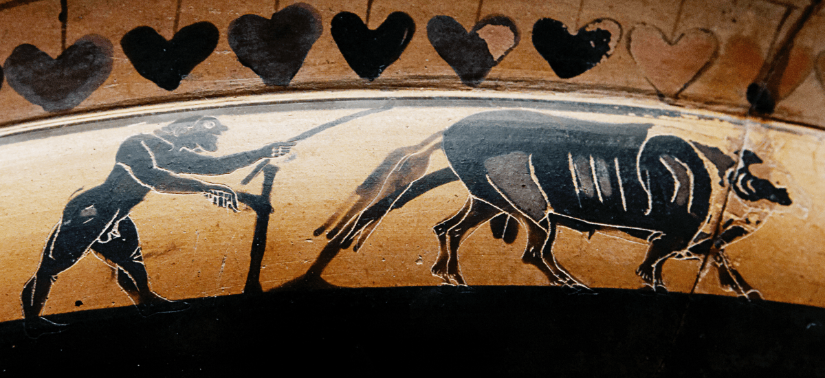 Attic Black-Figure Band Cup, ca. 560-550 BCE depicting a plowman behind a team of cattle. Source: Wikimedia Commons