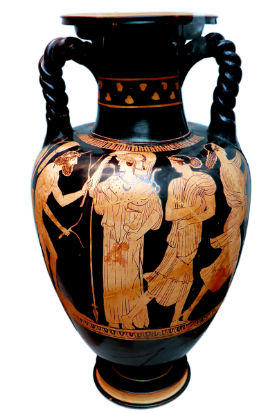 Attic red-figured amphora depicting Odysseus trying to hide his nakedness while seeking help from Princess Nausicaa of Skheria. Source: Wikimedia Commons