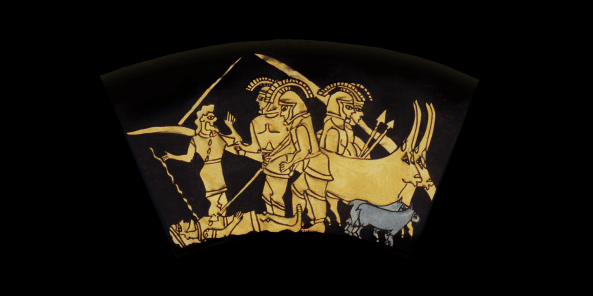 Middle Ring: THE RAIDING PARTY ATTACKS. From the Shield of Achilles by Kathleen Vail © All Rights Reserved