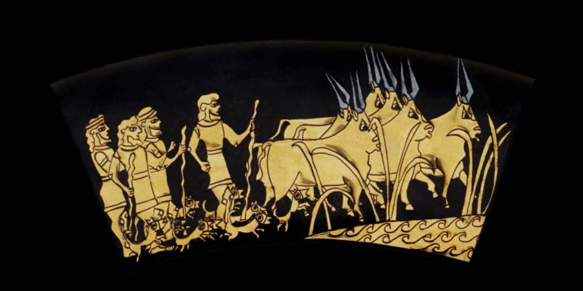 Outer Ring: HERDING THE CATTLE TO PASTURE. From the Shield of Achilles by Kathleen Vail © All Rights Reserved