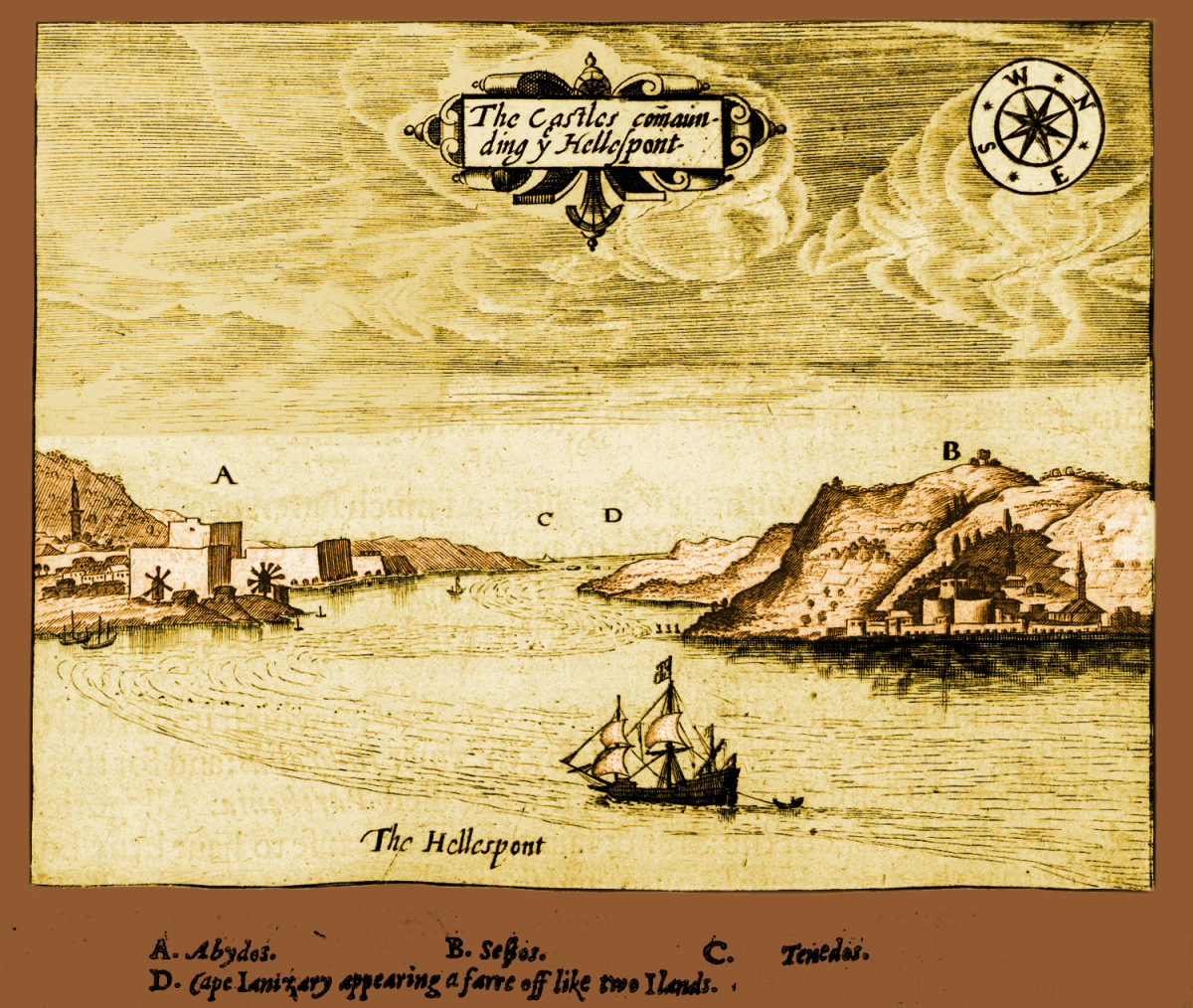 Colorized version of George Sandys' The Castles Commanding y Hellespont, 1615. Source: Wikimedia Commons