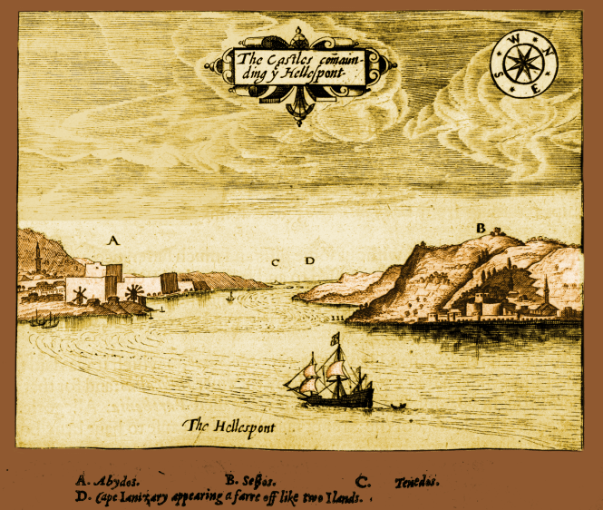 Colorized version of George Sandys' The Castles Commanding y Hellespont, 1615. Source: Wikimedia Commons