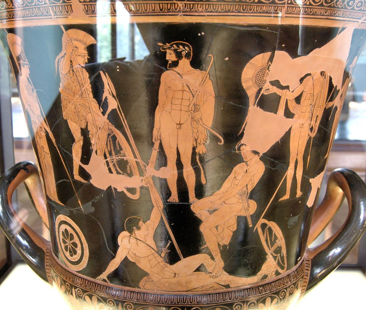Attic Red-Figure Calxy Krater ca. 460-450 BCE depicting Heracles and the gathering of the Argonauts. Source: Wikimedia Commons