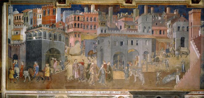 Panel 1 of 3, entitled "Effects of Good Government in the city" by Ambrogio Lorenzetti ca. 1338-39 CE. Source: Wikimedia Commons