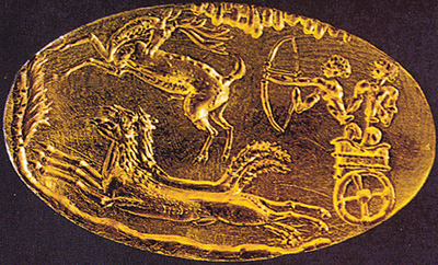 Gold signet ring from shaft grave IV in Mycenae dated LH II (about 1500 BC). Source: Salimbeti's The Greek Age of Bronze Chariots 