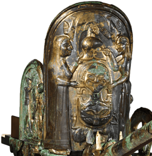 Detail View of The Monteleone Chariot, an Etruscan chariot dated to ca. 560 BCE, depicting Thetis presenting the new armor to Achilles. Source: Wikimedia Commons
