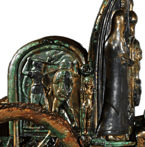 Detail View of the right side panel of the Monteleone Chariot, an Etruscan chariot dated to ca. 530 BCE, depicting Achilles defeating Memnon. Source: Wikimedia Commons