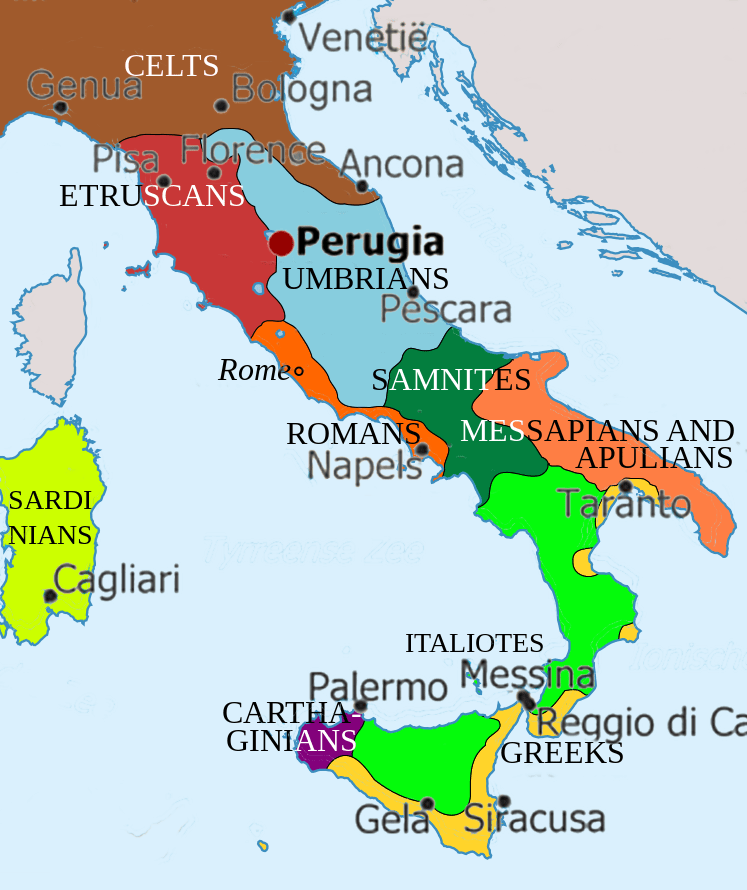Italian Peninsula, ca. 400 BCE w/Major Cities Superimposed. Source: Wikimedia Commons