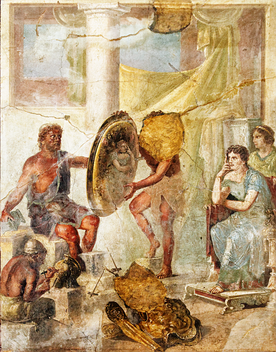 Fresco on plaster depicting Thetis at Hephaestos' forge waiting to receive Achilles' new weapons. ca. 75 - 100 CE. Provenance: Pompeii (IX I, 7, triclinium e) now in the Naples National Archaeological Museum. Source: Wikimedia Commons