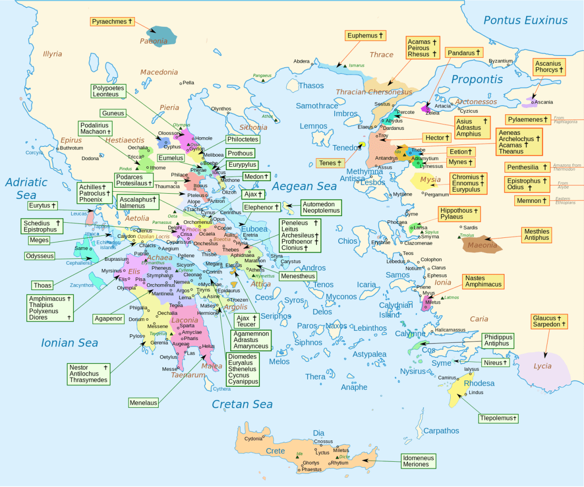 Map of Homeric Greece and Troy with native homelands of warriors indicated.