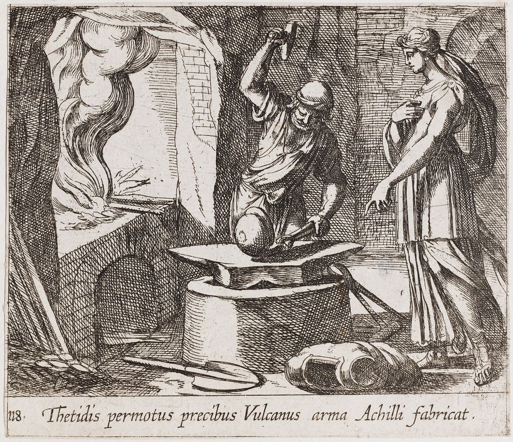 Vulcan creating Achilles armor for Thetis etching ca 1606 by Antonio Tempesta. Source: Harvard.edu