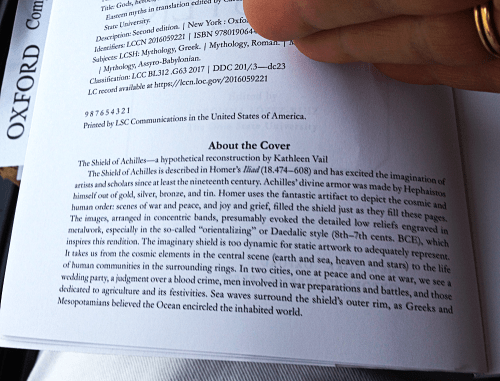 Gods, Heroes, and Monsters - Inside book credit for Achilles' Shield by K Vail