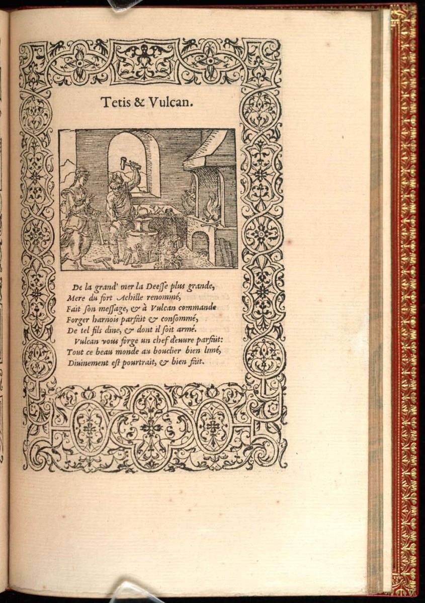 Thetis at Vulcan's Forge, depicted in Book XIII of Métamorphose Figurée, ca. 1557, an illustrated copy of Ovid's Metamorphoses. Source: ovid.lib.virginia.edu