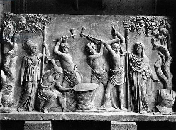 Hephaistos and Cyclops forging Achilles' shield for Thetis, Greco-Roman bas-relief marble, date unknown, from the Pinacoteca Capitolina, Palazzo Conservatori, Rome. Source: Alinari / Bridgeman Images (for non-commercial use only)
