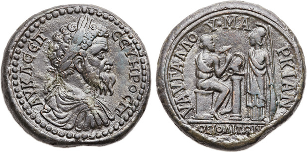 Caption: "MOESIA INFERIOR. Marcianopolis. Septimius Severus (AD 193-211). Æ 42mm medallion (52.54 gm, 2h). Aurelius Gallus, magistrate. ΑV K Λ CEΠ CЄVΗΡΟC Π, laureate, draped, and cuirassed bust of Severus right / V AV ΓAΛΛΟ • MA-PKIAN, Hephaestus seated to right on cippus, applying hammer to a crested Corinthian (for Achilles) helmet set on low column, faced by Athena, standing left and holding spear and shield; in exergue, OΠOΛΙΤΩΝ. Varbanov -. AMNG -. BMC -. Apparently unrecorded (Author's collection)" Source: © ancientcoinage.org 