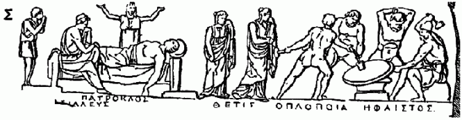 Σ (1) line 233, Ἀχιλλεύς, Πάτροκλος. Achilles seated at the foot of the bier weeps over Patroclus ; a boy (Automedon) and a maid join in the lamentation. (2) line 367; Θέτις. Thetis and one of her attendant nymphs on their way to Hephaestus. (3) line 478, Ὁπλοποία, Ἥφαιστος. Hephaestus and three Cyclopes forge the shield. Source: mediterranees.net
