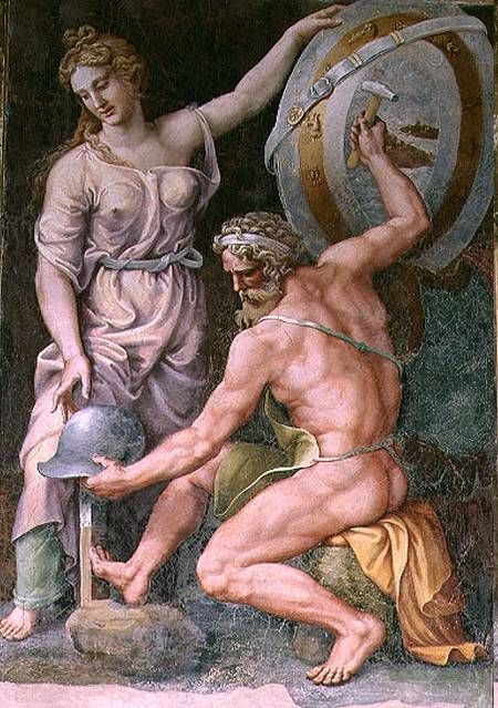 Hephaistos Forging Achilles' Armor, by Giulio Romano, ca. 1492-1546, from the Sala di Troia, Palazzo Ducale, Mantua, Italy. Source: Wikimedia Commons