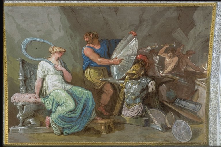 Vulcan Displaying Achilles' New Armor to Thetis, depicted on a wall painting in the Hall of Fame or Achilles Gallery, Palazzo Milzetti, Faenza, Italy, by Felice Giani, ca. 1802. Source: liceotorricelli.it